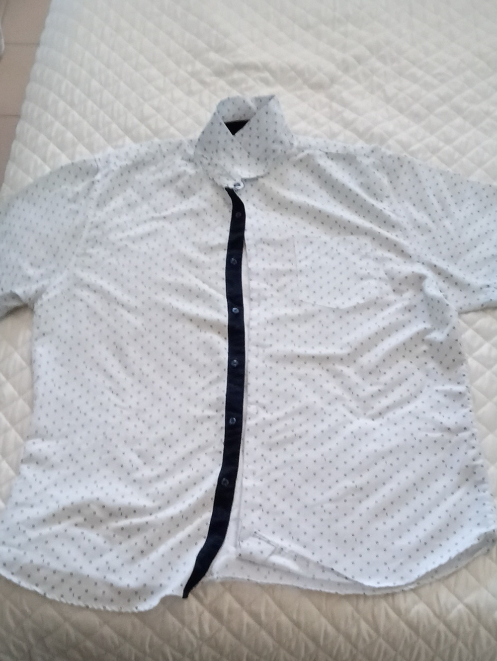 Men's White Short-Sleeve Button-Down Shirt with Navy Placket